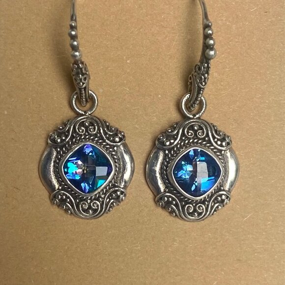 Sarda Sterling Silver 925 Mystic Quartz Bali Scrollwork Dangle Drop Earrings - Picture 12 of 16